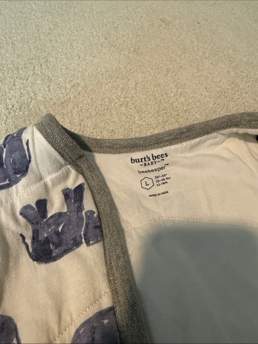 Burts Bees Blue Elephant Print 12-18 month Sleep Sack - Picture 2 of 2